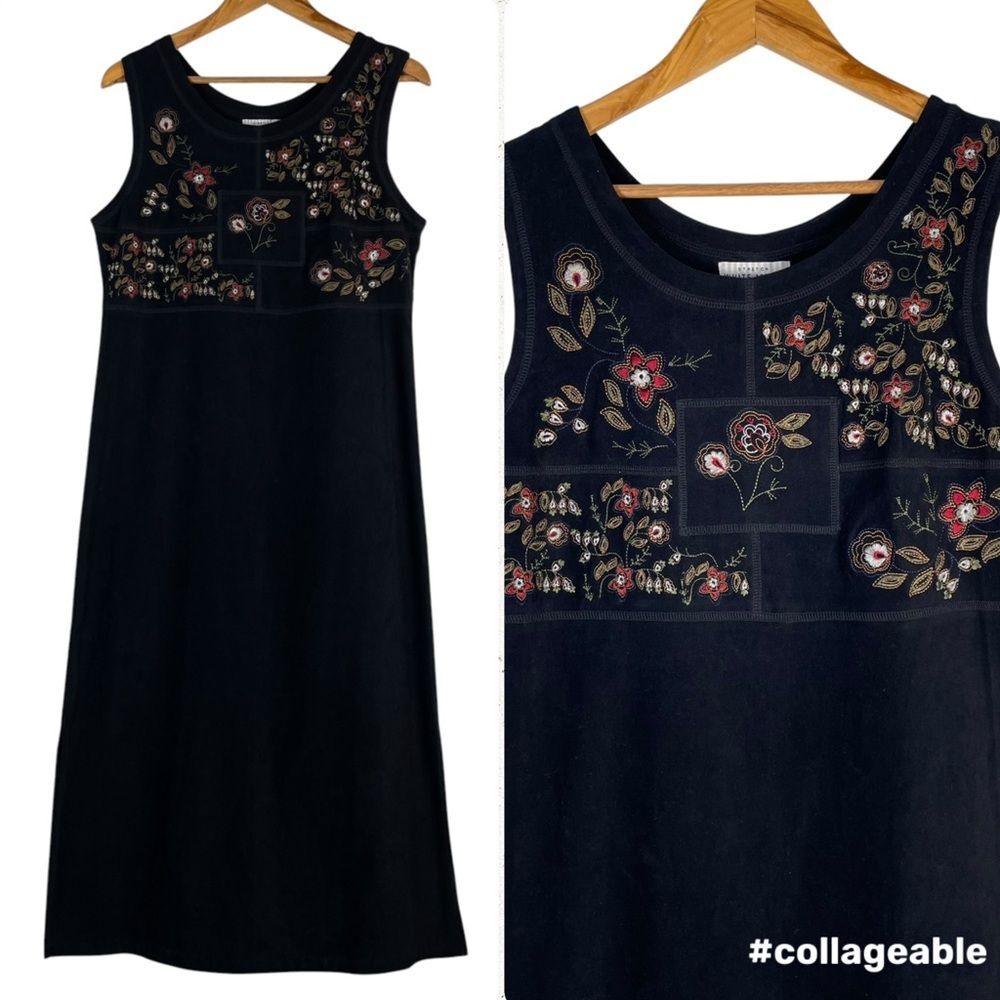 Vintage Y2K Embroidered Faux Suede Sleeveless Side Slits Midi Dress Small Grunge